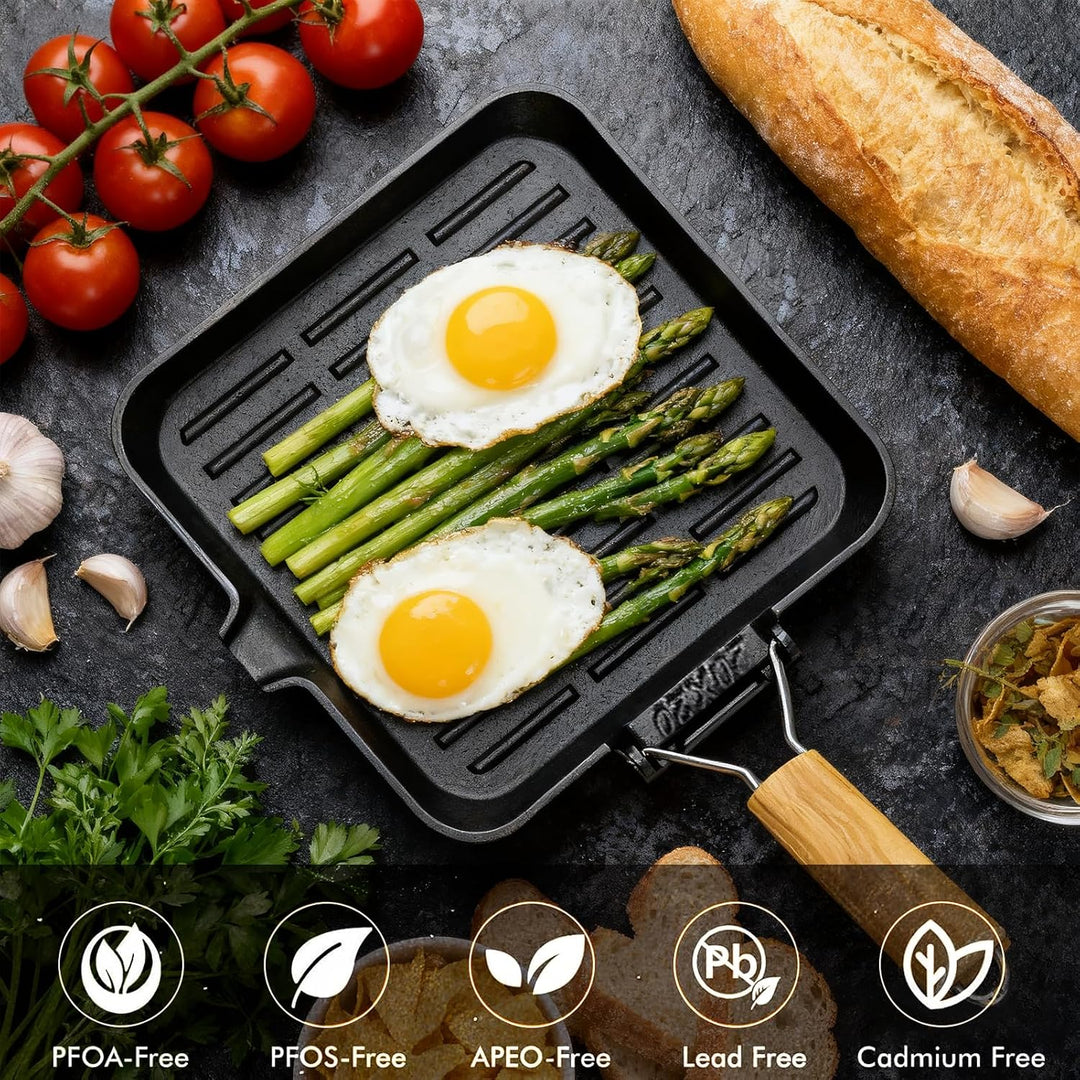 Steakpfanne Gusseisen Grillpfanne Klappbarer Holzgriff: 20×20cm Grill Pan Induktion Viereckige Pfann