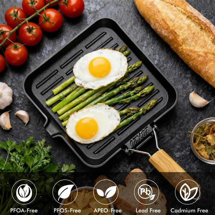 Steakpfanne Gusseisen Grillpfanne Klappbarer Holzgriff: 20×20cm Grill Pan Induktion Viereckige Pfann