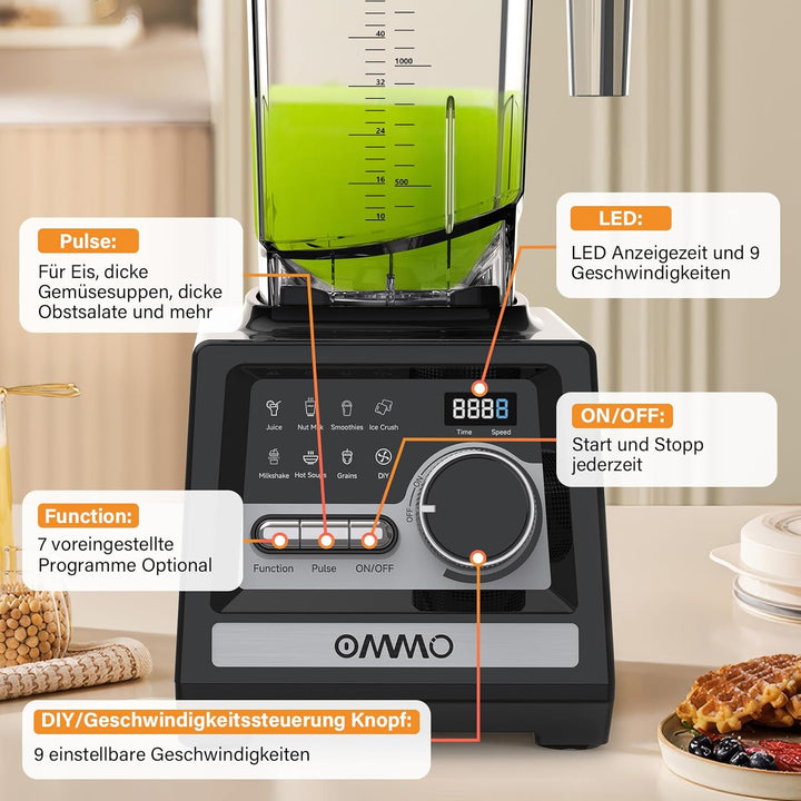 OMMO 2L Standmixer Hochleistungsmixer, Mixer Smoothie Maker mit 9 Geschwindigkeitssteuerungen für Ei