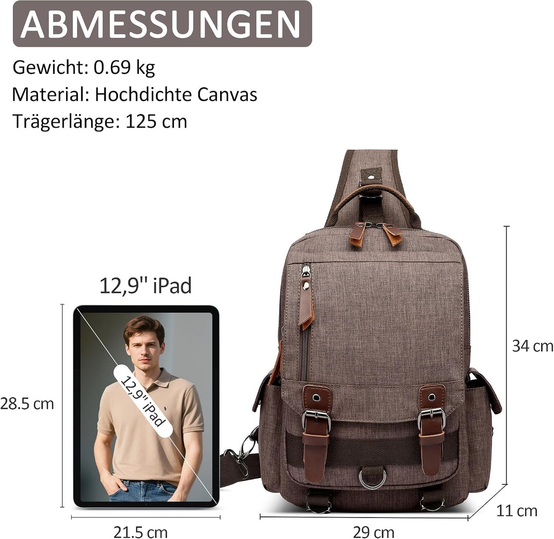 DORRISO Brusttasche Herren Mode Grosse Kapazität Schultertasche für 10,9 Zoll iPad mit Griff Mehrere