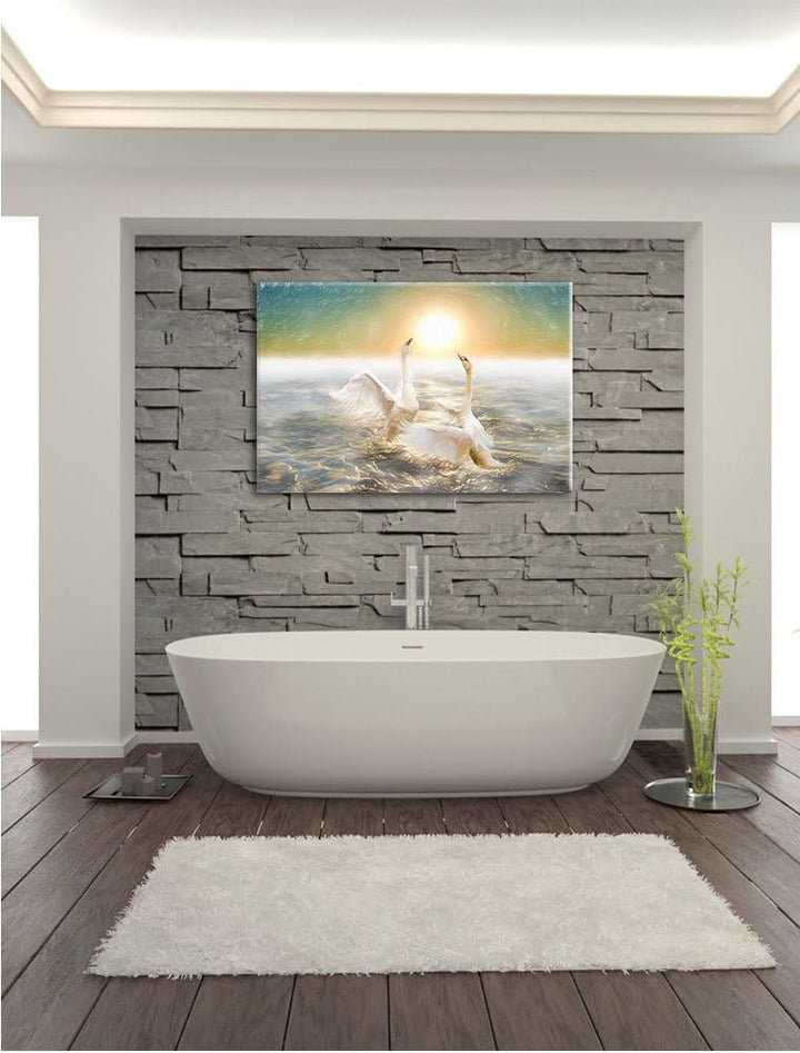 Pixxprint Schwäne im Meer als Leinwandbild/Grösse: 100x70 cm/Wandbild/Kunstdruck/fertig bespannt, 10