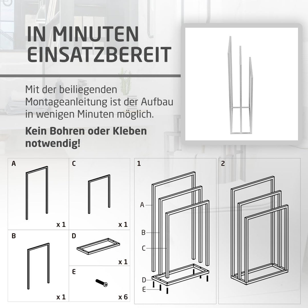 Amig - Verchromter freistehender Handtuchhalter mit 3 Metallstangen - Bodenständer für Badetücher -