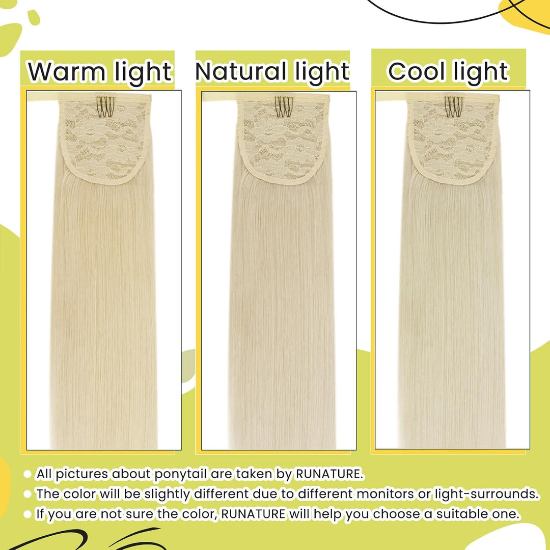 RUNATURE Remy Zopf Extension Echthaar Weiss Blond 55cm/22 Zoll Long Extensions Clip on Ponytail 80g/