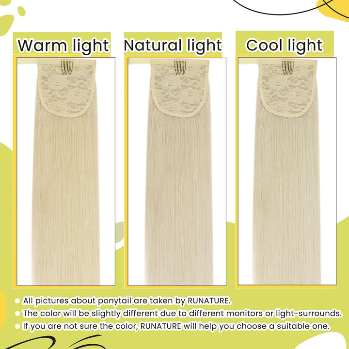 RUNATURE Remy Zopf Extension Echthaar Weiss Blond 55cm/22 Zoll Long Extensions Clip on Ponytail 80g/