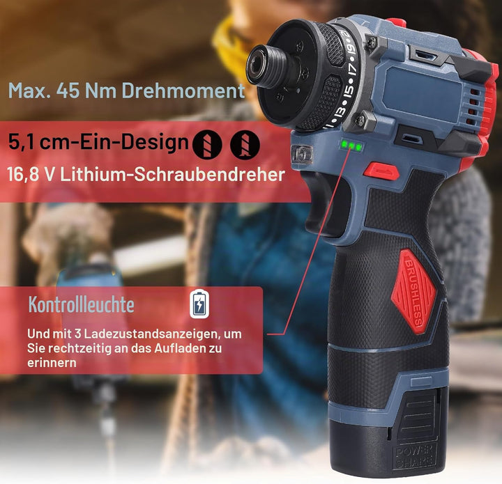 Weytoll Akku Bohrschrauber, 16.8V Akku-Bohrschrauber Set mit 1300mAh Akku*2, Drehmoment auf 23+1 Stu