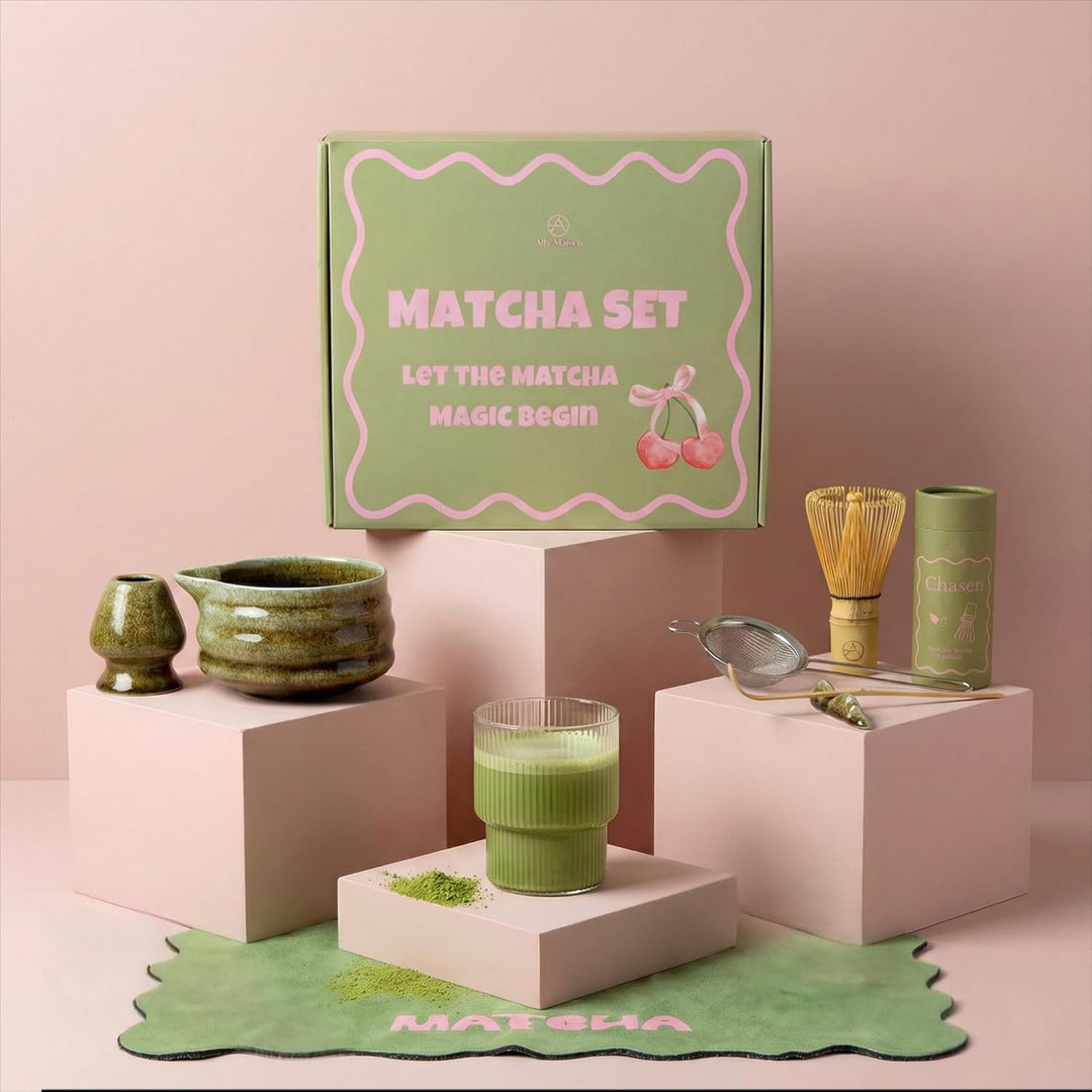 Premium Matcha Set 7-teilig – Design Keramik Schale mit Ausgiesser, Bambusbesen & Zubehör – Komplett