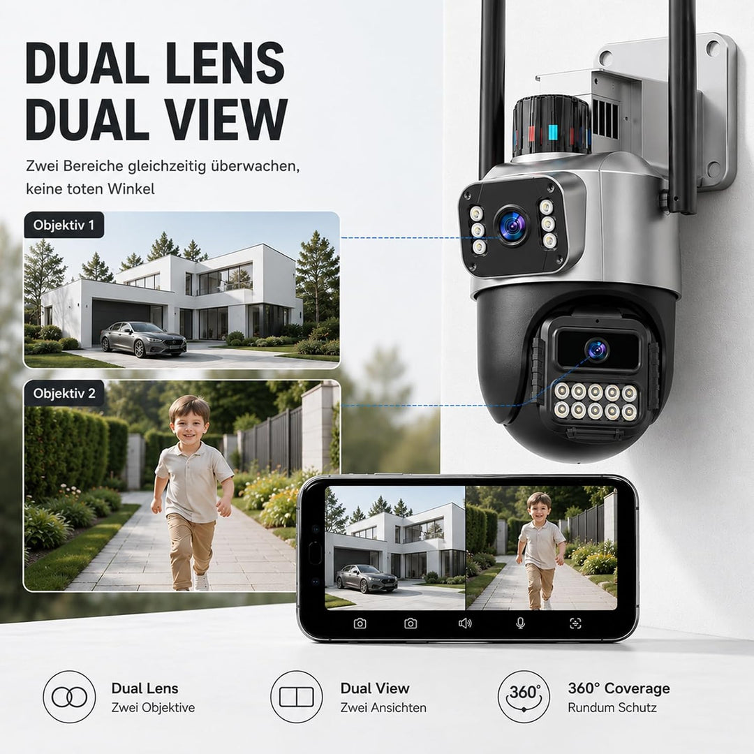 Überwachungskamera Aussen, 6MP Dual-Lens WLAN, 2.4/5 GHz | Kamera mit Grossem Sichtfeld und Schwenk/