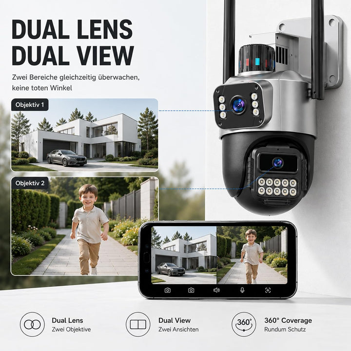 Überwachungskamera Aussen, 6MP Dual-Lens WLAN, 2.4/5 GHz | Kamera mit Grossem Sichtfeld und Schwenk/
