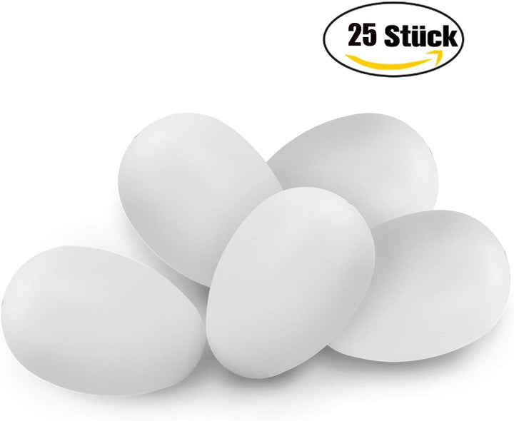 25 Deko-Eier Ostern [6 cm, Kunststoff] + 25 Aufhänger für Ostereier + 10 Schaschlik-Spiesse fürs Mar