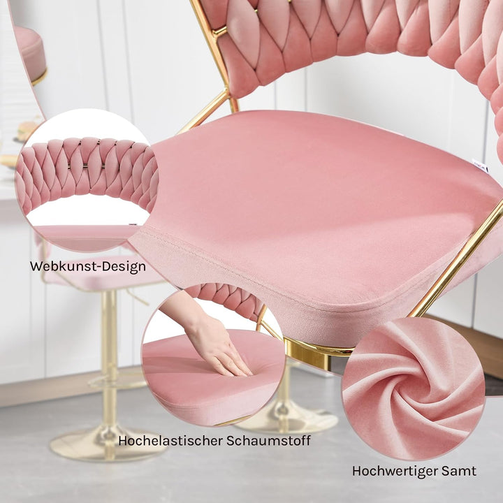 WOLTU Barhocker 2er Set, mit geflochtener Rückenlehne, Samthocker, Rosa | Barstuhl 360° drehbar, höh