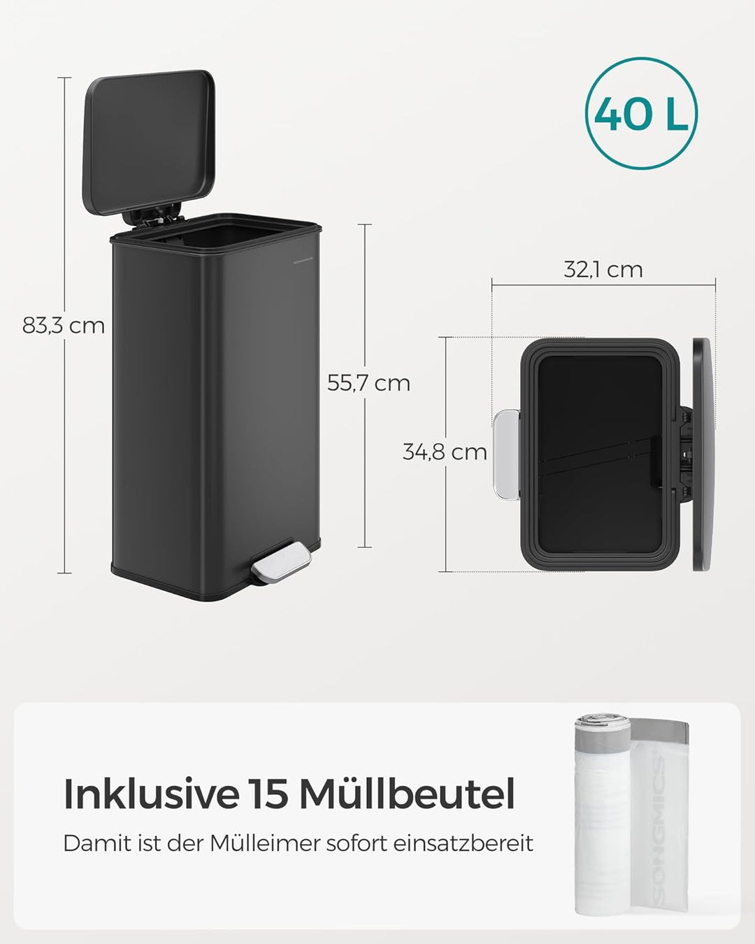 SONGMICS Mülleimer Küche, 40 Liter Abfalleimer, grosser Tretmülleimer, mit Deckel, aus Stahl, Softcl