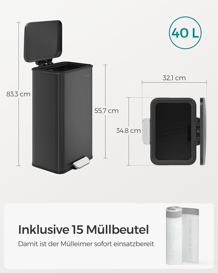 SONGMICS Mülleimer Küche, 40 Liter Abfalleimer, grosser Tretmülleimer, mit Deckel, aus Stahl, Softcl