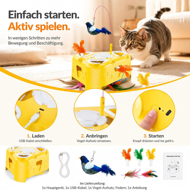 Interaktives Katzenspielzeug Selbstbeschäftigung Elektrisch, Vogel-Spielangel/rotierende Federn/Pop-