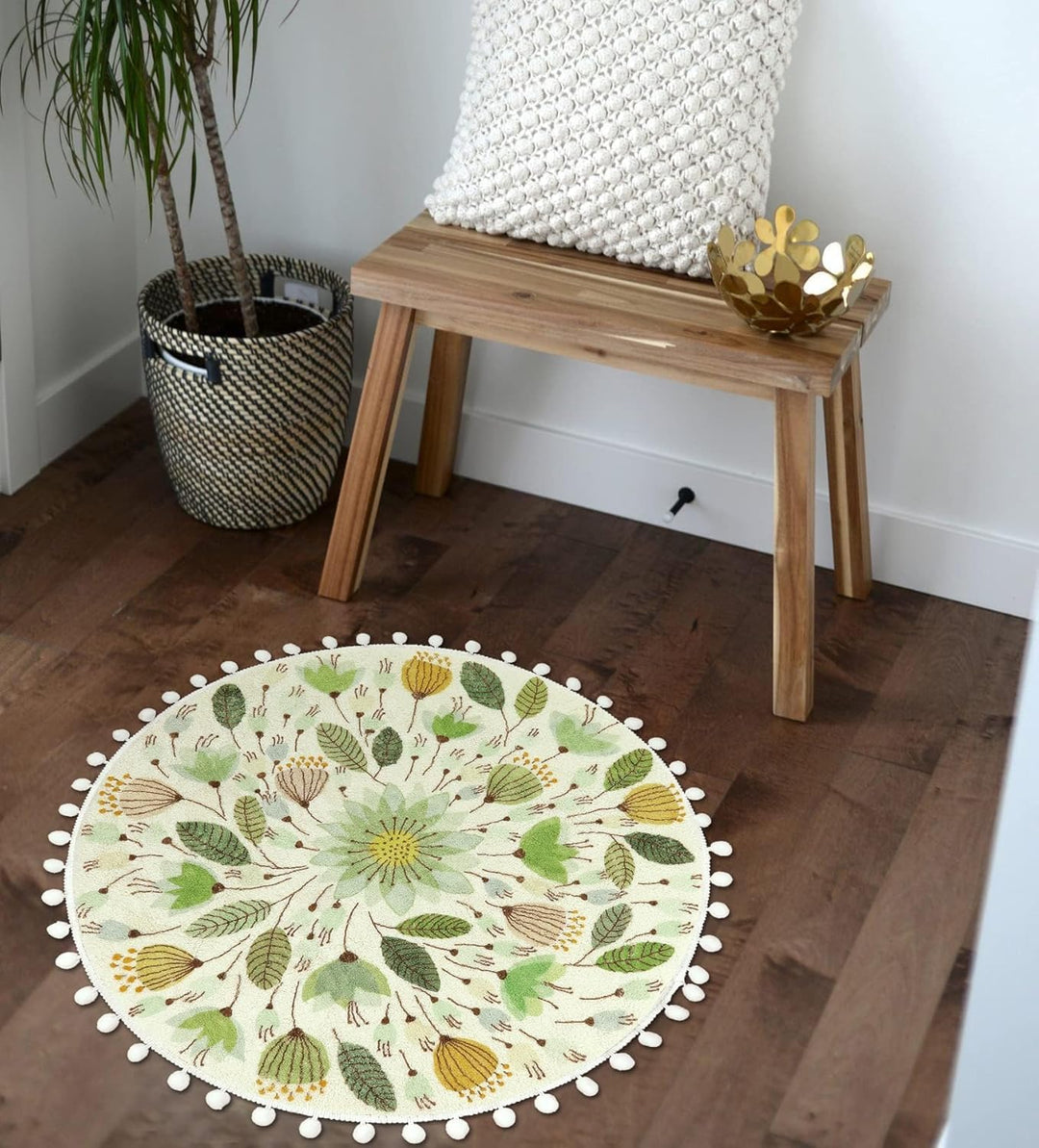 Uphome Kleiner runder Teppich, 60 cm Kreis, niedliche Badematte mit Pompons, Fransen, Blumenpflanze,
