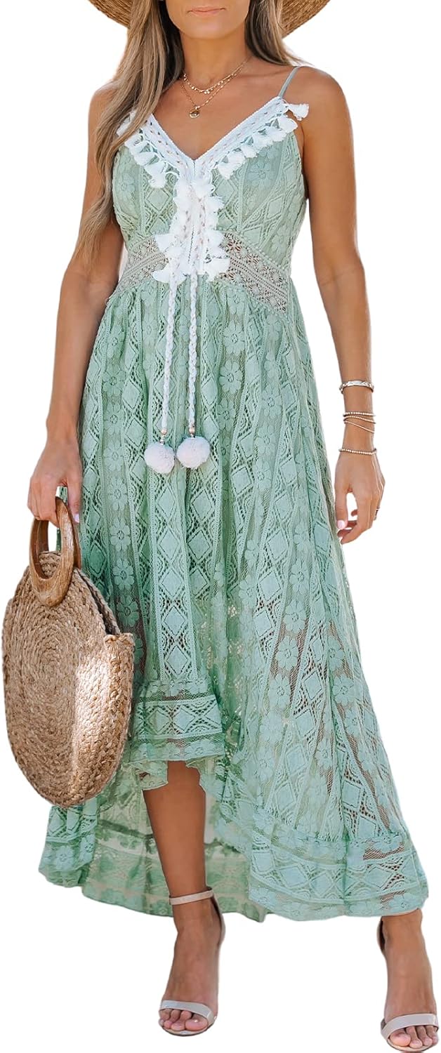 CUPSHE Damen Sommerkleid V Ausschnitt Floral Spitze Quasten Spaghetti Trägerkleid Freizeitkleider Hi