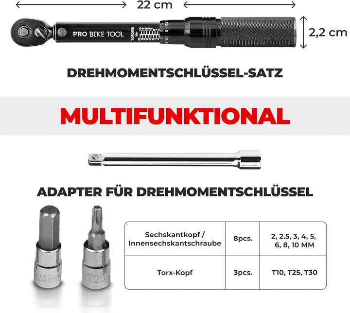 Drehmomentschlüssel Fahrrad & Motorrad 1/4 Zoll Antrieb mit Umschaltknarre und Verlängerung, Messbe