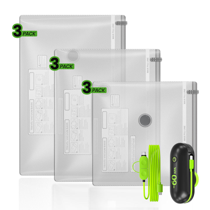 Vakuumbeutel Set 9-tlg mit Elektrischer USB-Pumpe | 3 Grössen (40x40cm, 40x50cm, 40x60cm) Platzspare
