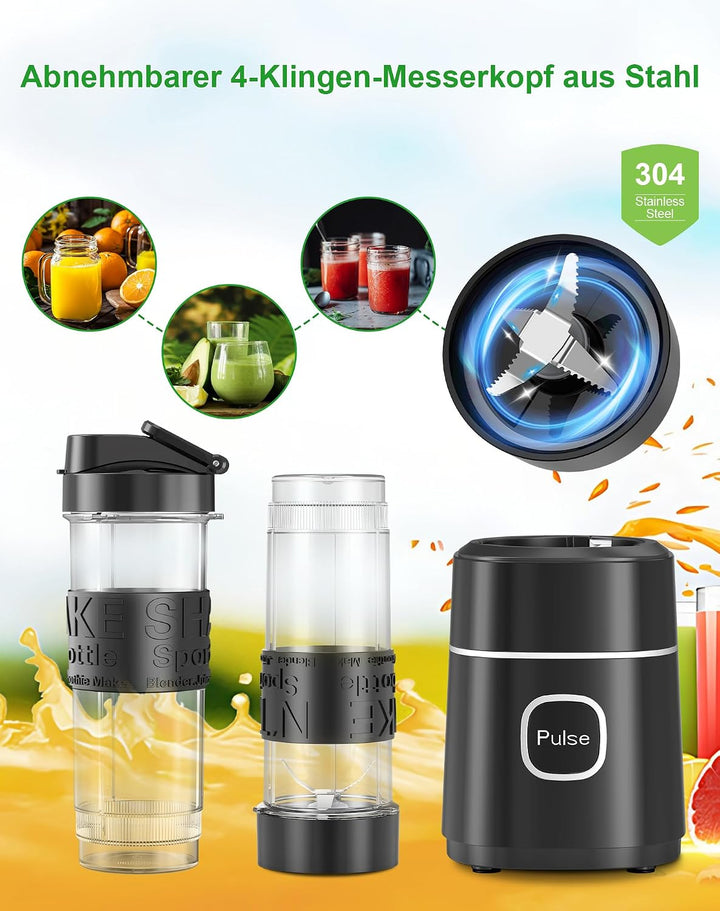 Mixer, Smoothie Maker, 500W Mini Standmixer mit 2x570ml Tritan BPA Freier Flasche, Tragbarer Edelsta
