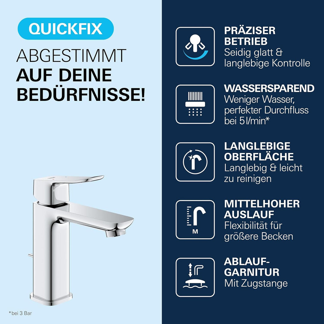GROHE Dice, Waschtischarmatur, wassersparend (Wasserhahn für das Bad, Badarmatur mit Zugstangen-Abla