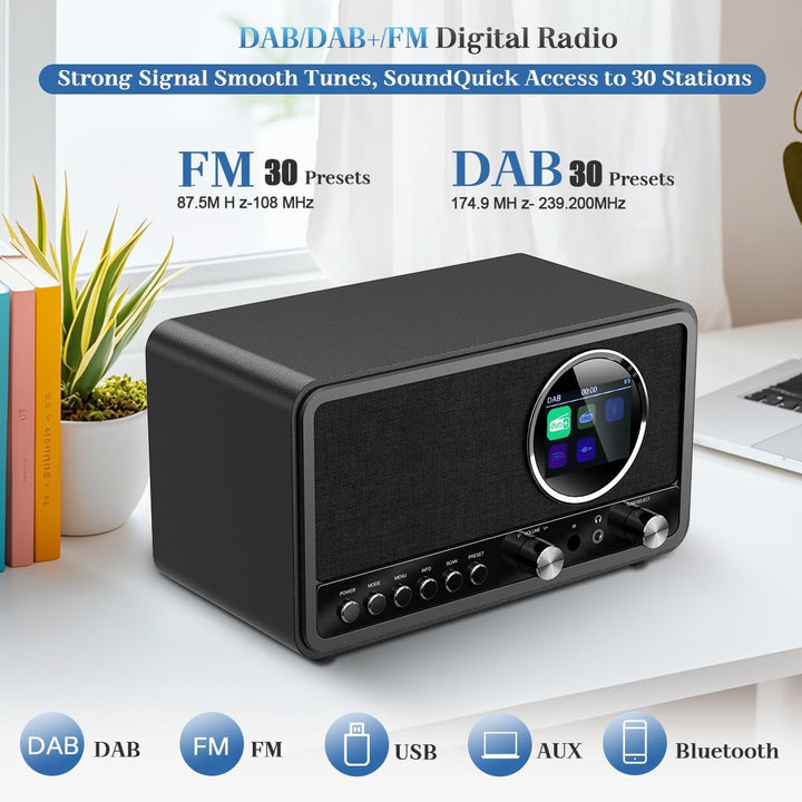 DAB DAB+ / FM Radio mit Fernbedienung, Bluetooth, 5W HiFi Lautsprecher, Kopfhöreranschluss, USB, AUX