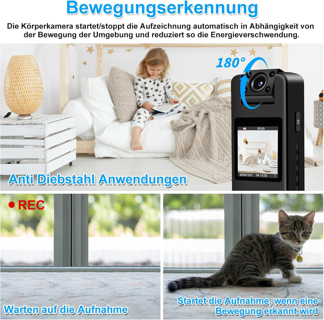 Bodycam 1080P Kleine Kamera ohne WLAN Action Cam mit Bewegungserkennung Nachtsicht, 180° drehbarem O