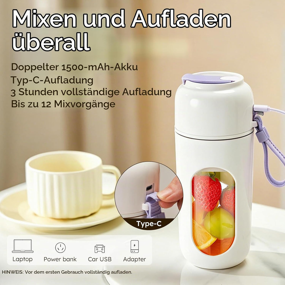 JTF Tragbarer Mixer mit 12 Edelstahl Klingen -340ml Mixer To Go,Kabellos &amp; Wiederaufladbar,Mini Mixe