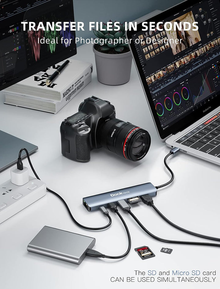 USB C Hub Dockteck 7-in-1 Dock DD0003 USB C Adapter, Ethernet LAN RJ45, 4K 60Hz HDMI, 100W Power Del