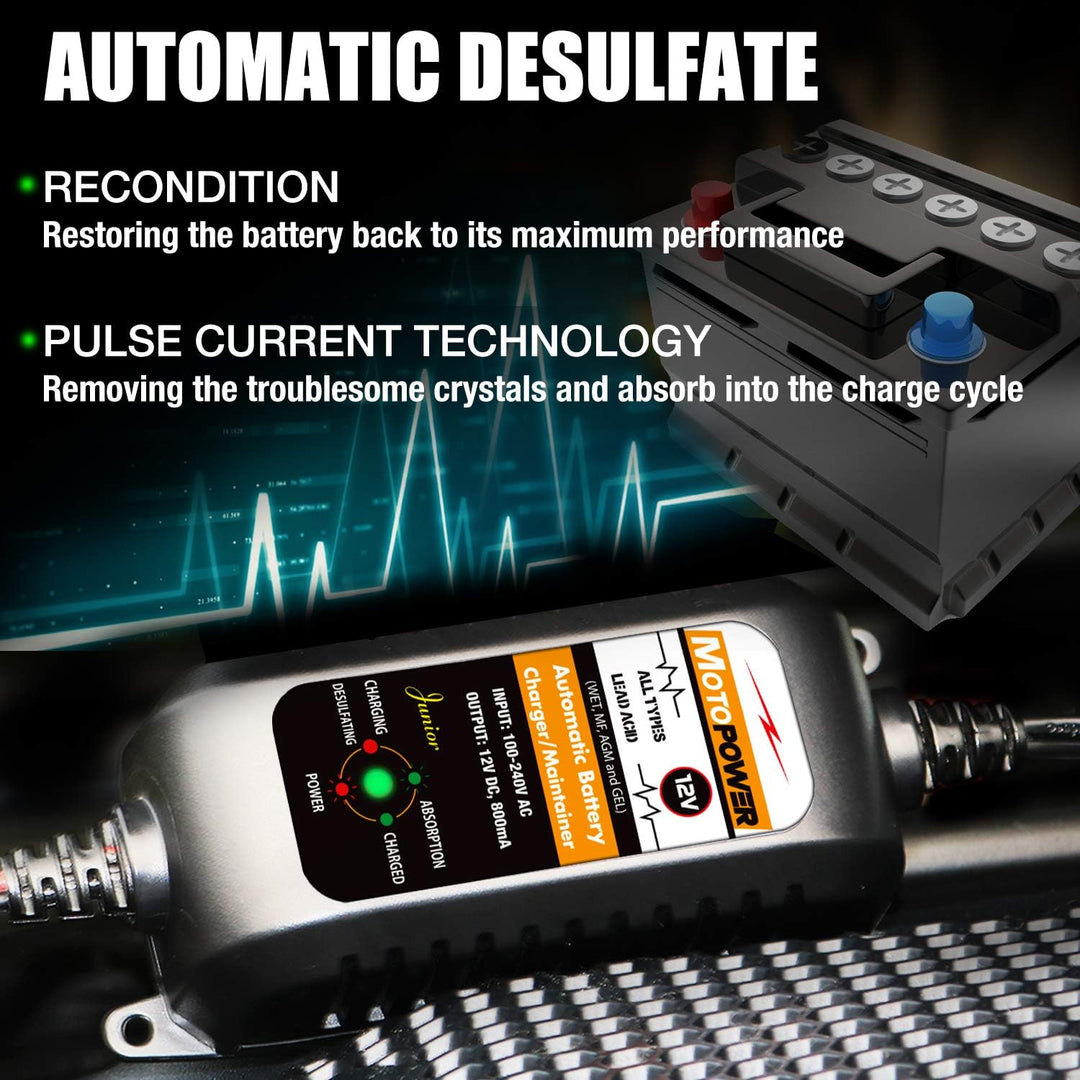 MOTOPOWER MP00205A 12V 800mA Automatisches Ladegerät für Autos, Motorräder, ATVs, Wohnmobile, Powers