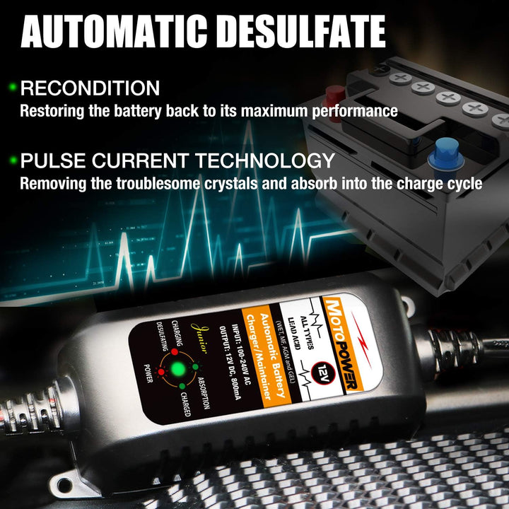 MOTOPOWER MP00205A 12V 800mA Automatisches Ladegerät für Autos, Motorräder, ATVs, Wohnmobile, Powers
