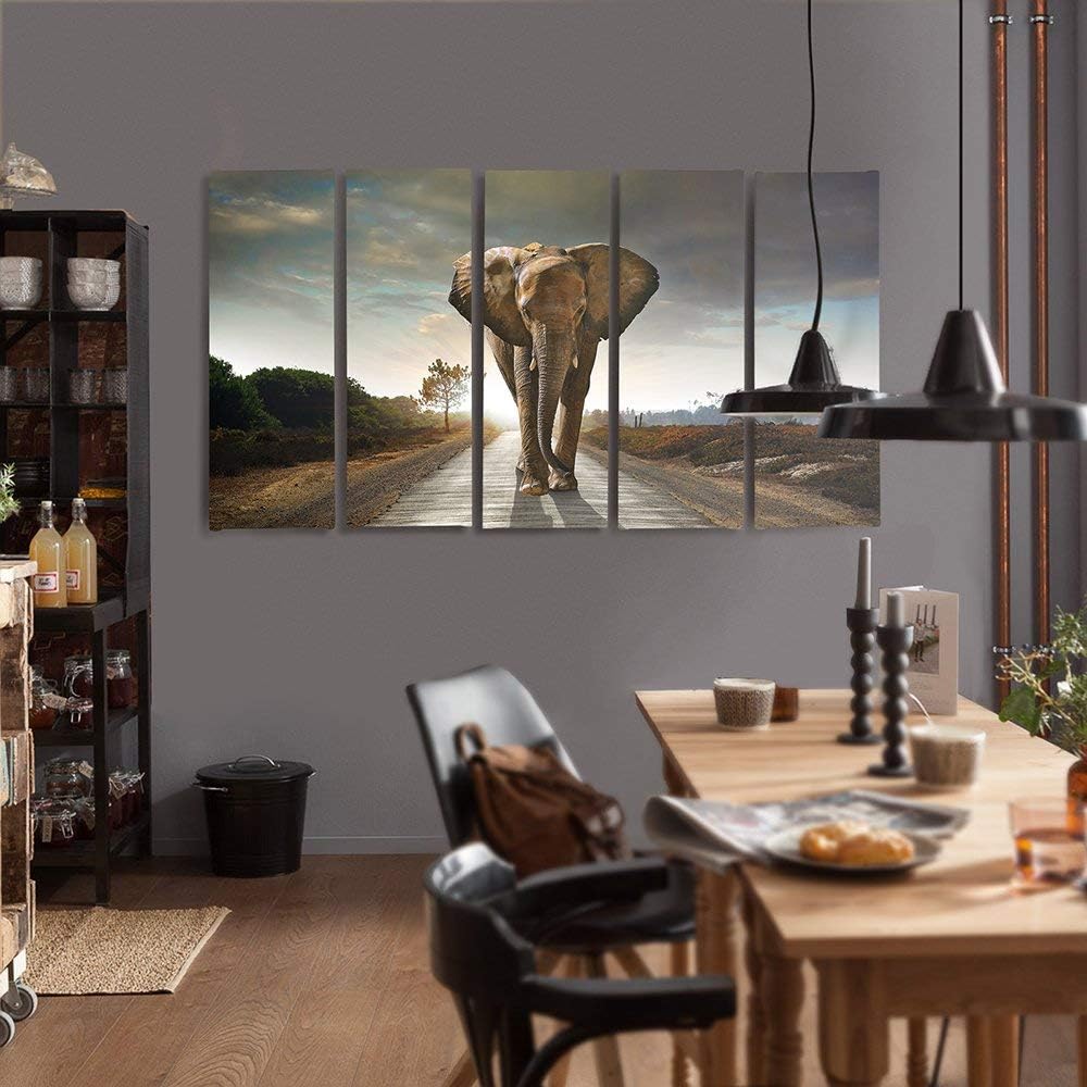 Feeby Frames, Leinwandbild Bilder Wand Bild - 5 Teile - Wandbilder Kunstdruck (Elefant, BRAUN) 200x1