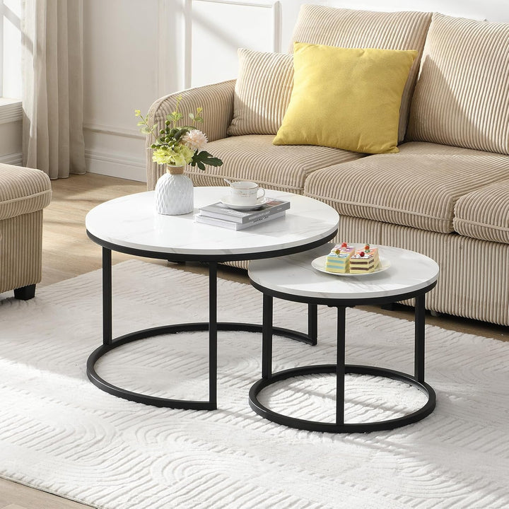 Couchtisch 2er Set, Moderne Couch Tisch mit Schwarz Metallgestell, Couchtisch Eiche, Couchtische Run