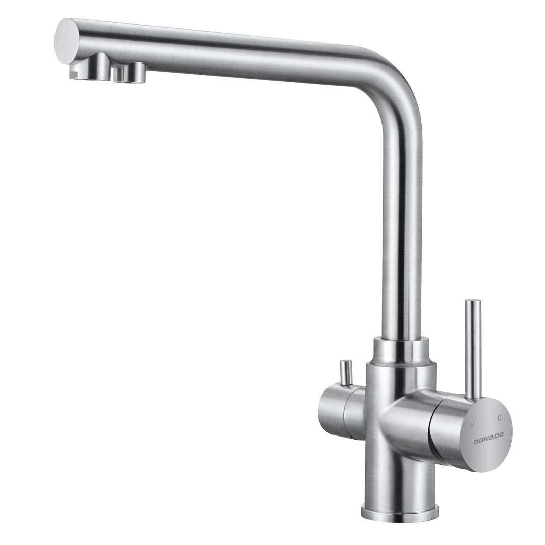 BONADE 3 Wege Wasserhahn Küche, 360° Drehbar Armatur Trinkwasserhahn mit 2 Hebel, Mischbatterie Küch