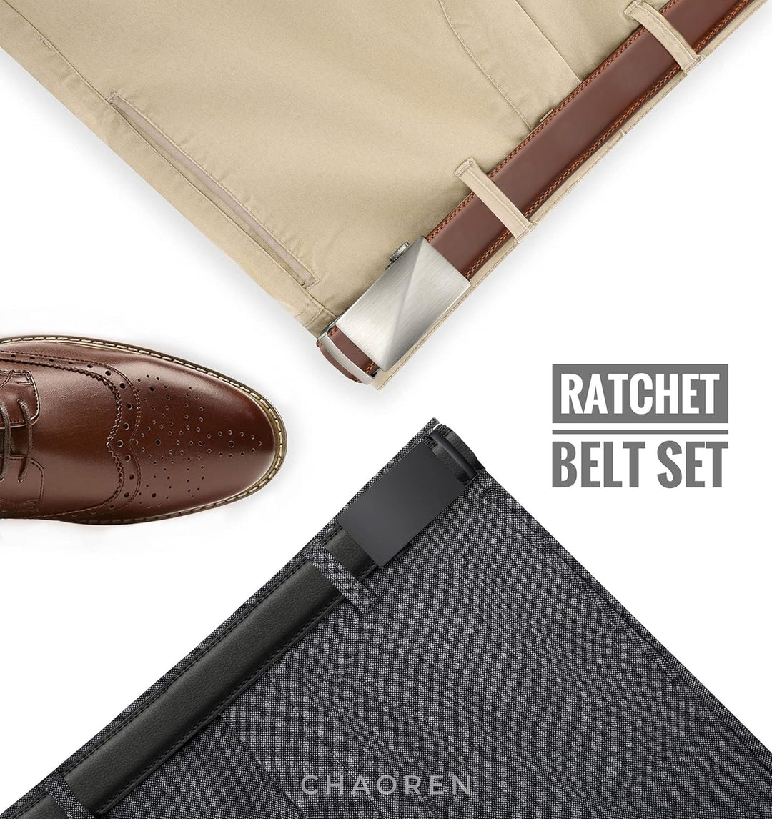 CHAOREN Gürtel Herren 2er-Pack, 35mm Automatik Ledergürtel mit Ratsche - Passgenau Zuschneidbar, Ide