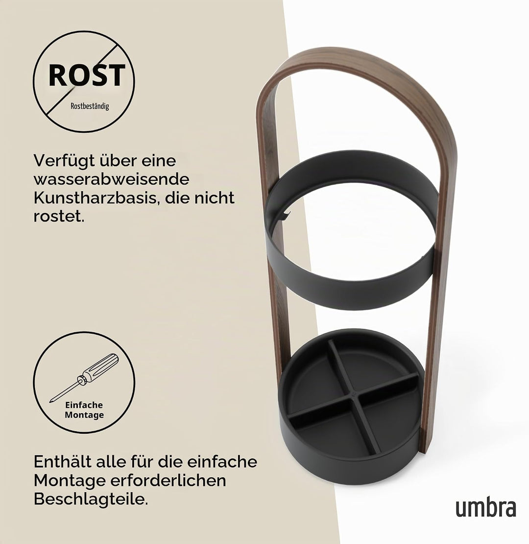 Umbra Bellwood Schirmständer, Runder Regenschirmständer mit Rostfreier Abtropfschale, Schwarz/Walnus