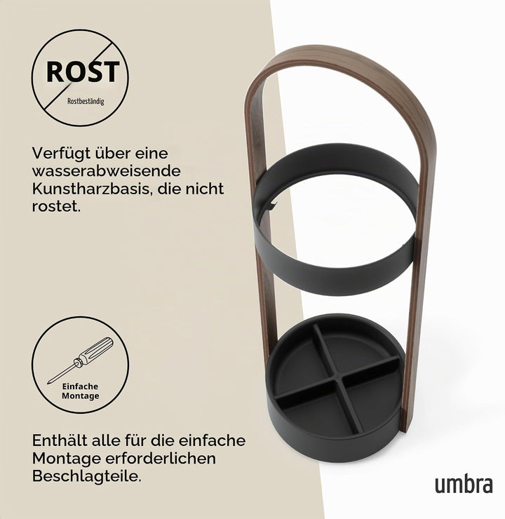 Umbra Bellwood Schirmständer, Runder Regenschirmständer mit Rostfreier Abtropfschale, Schwarz/Walnus