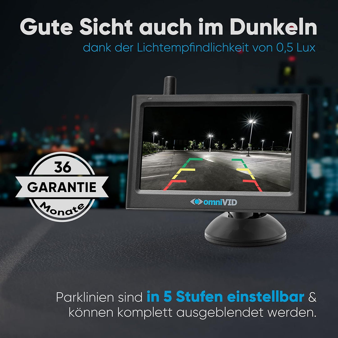 omniVID® Solar4 Premium Solar Rückfahrkamera-System, Kabellos mit 4,3 Zoll Monitor und solarbetriebe
