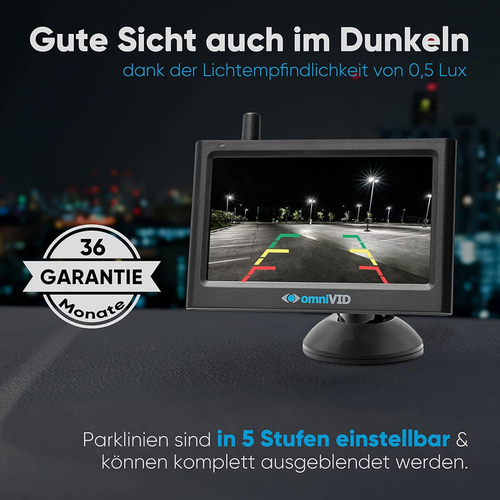 omniVID® Solar4 Premium Solar Rückfahrkamera-System, Kabellos mit 4,3 Zoll Monitor und solarbetriebe