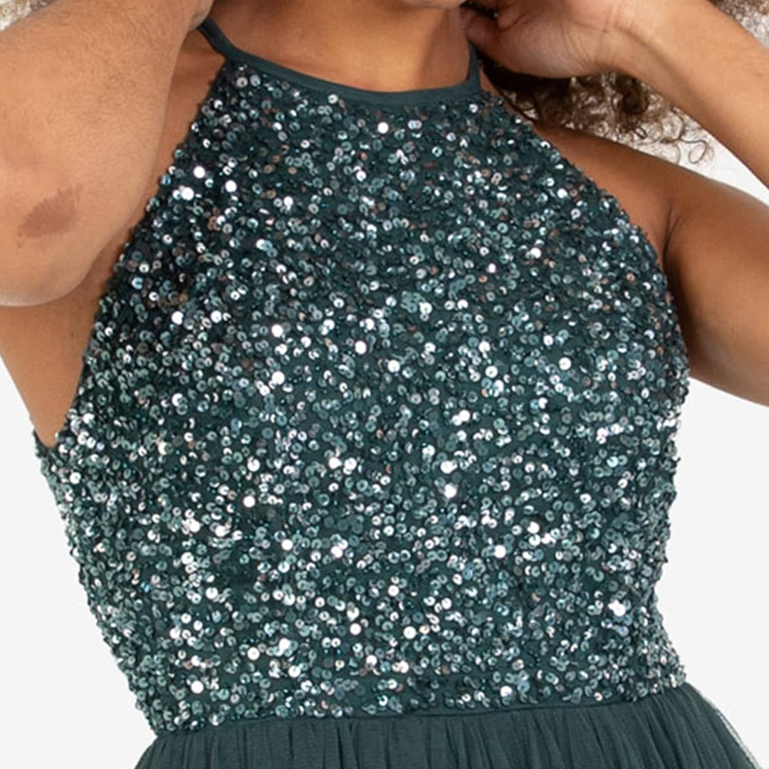 Maya Deluxe Damen Embellished Halter Neck Midi Bridesmaid Dress 44 Emerald Green, 44 Emerald Green