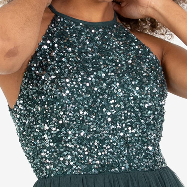 Maya Deluxe Damen Embellished Halter Neck Midi Bridesmaid Dress 44 Emerald Green, 44 Emerald Green