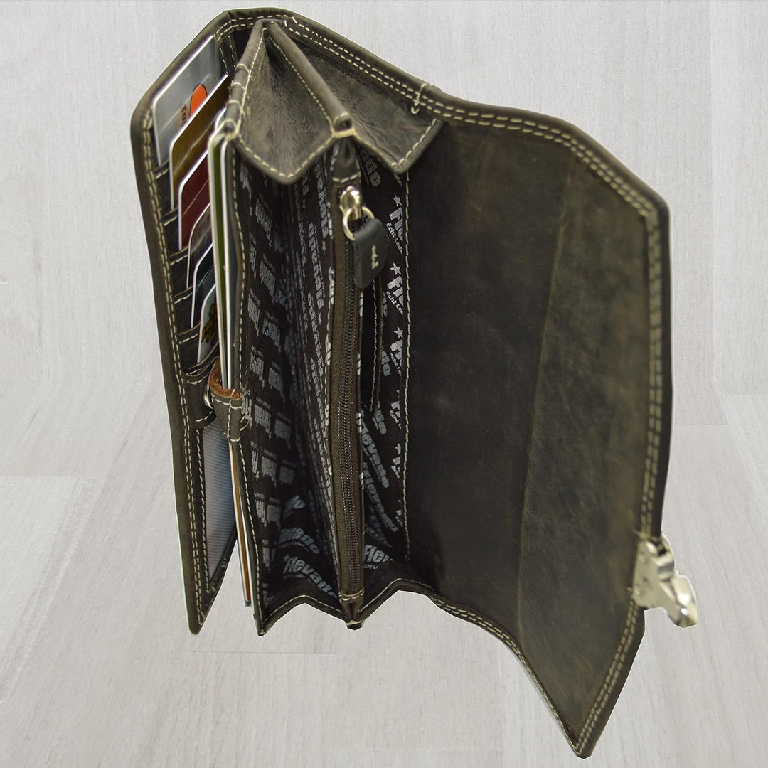 flevado Damengeldbörse Echt Leder RFID Schutz Schnallenoptik Klickverschluss 3 Farben wählbar (Schwa