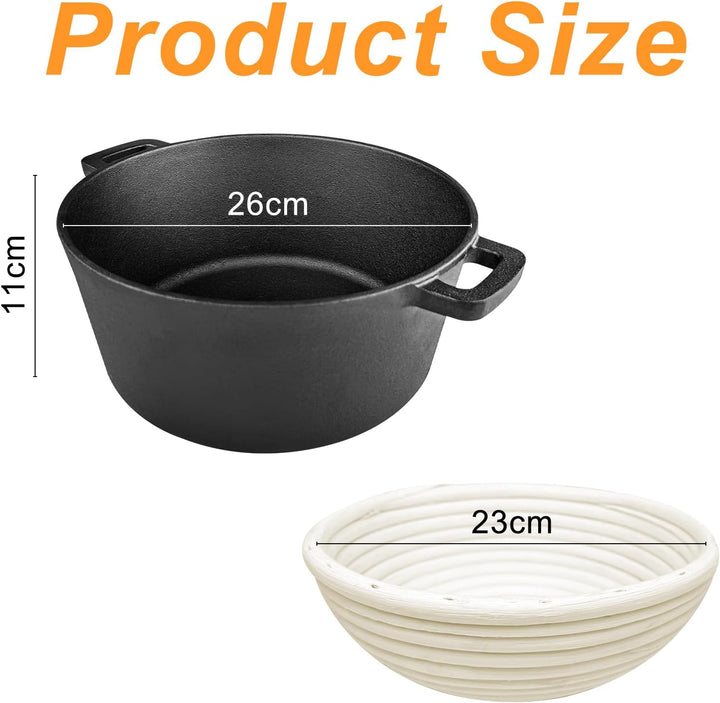26cm Gusseisen Topf, Inkl Gärkorb, Robuste Brotbackform mit Deckel, Brotbacktopf, Idealer Brottopf,