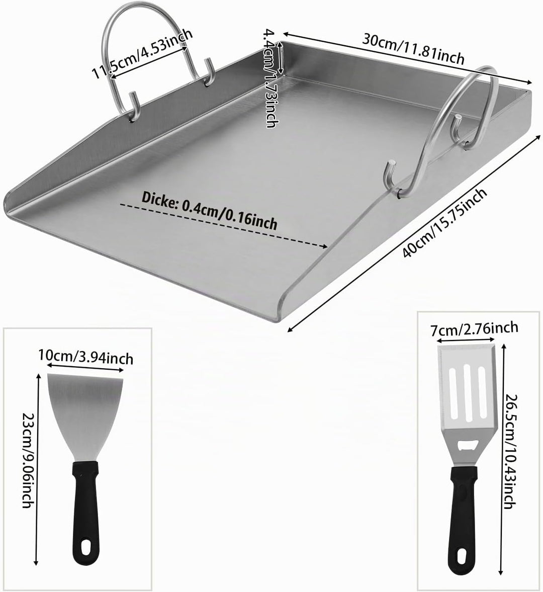 Plancha Grillplatte |Grillplatte aus Edelstahl | 338°C hitzebeständig | 40x30cm gross | Mit 2 Spatel
