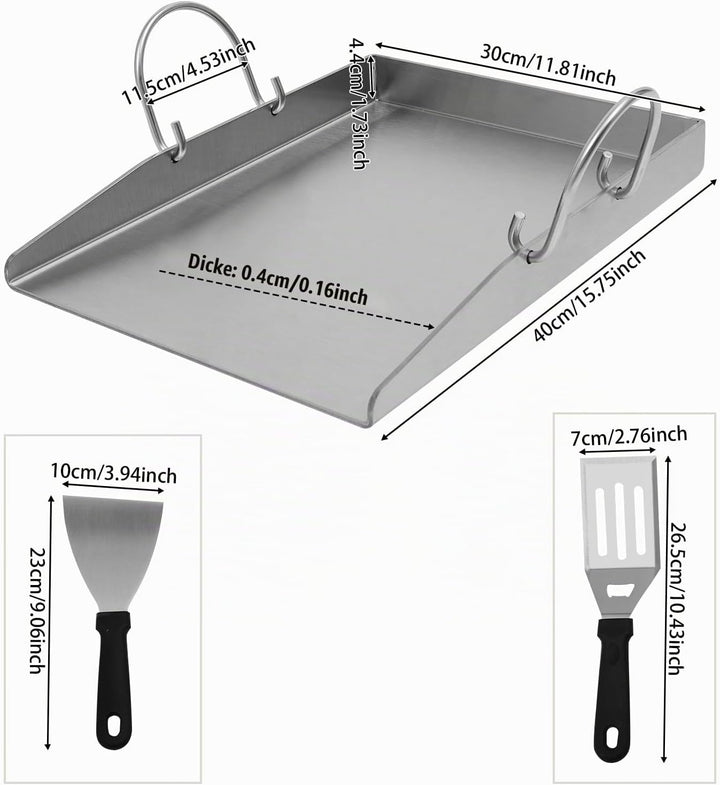 Plancha Grillplatte |Grillplatte aus Edelstahl | 338°C hitzebeständig | 40x30cm gross | Mit 2 Spatel