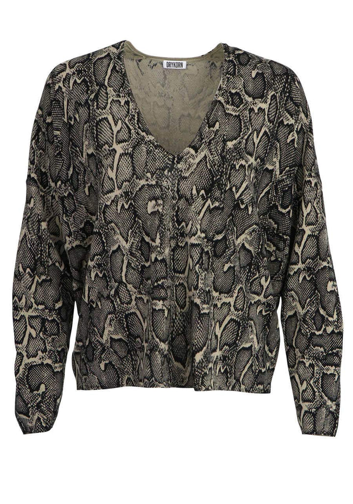 Drykorn Langarm Pullover Simony V-Ausschnitt Cropped Reptil schwarz Grösse S