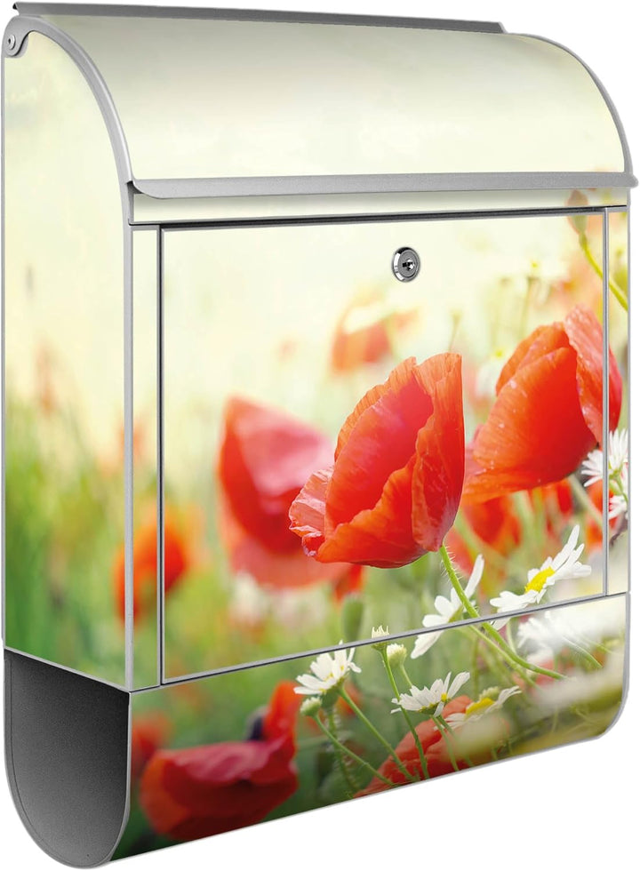banjado® Design Briefkasten mit Motiv Kamille Und Mohn 39x47x14cm &amp; 2 Schlüssel - Briefkasten Stahl