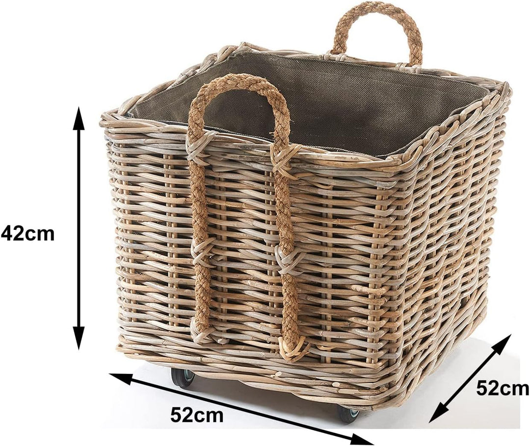 Kobolo Kaminholzwagen mit Rollen Holzkorb für Kaminholz -Rattan- mit Innenfutter aus Jute
