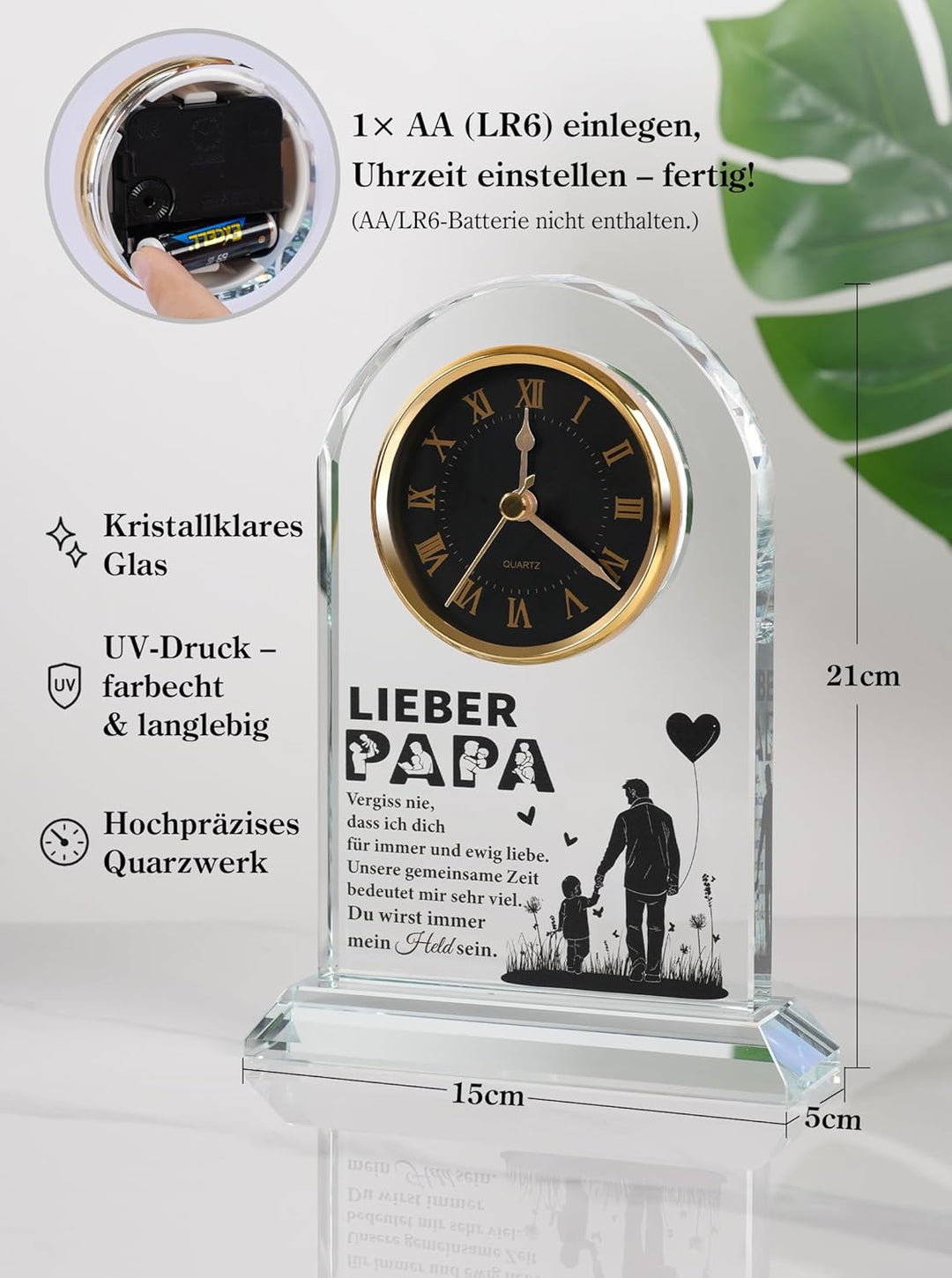 Vatertagsgeschenk für Papa, Elegante Tischuhr aus Glas Geschenke für Papa zum Weihnachten, Valentins