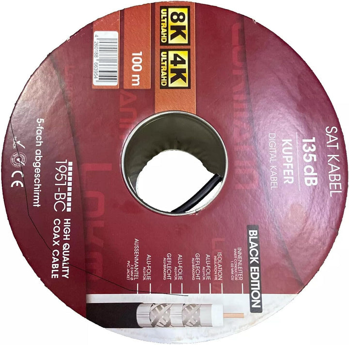 LOKMANN 100m Reines-Kupfer 135dB 5-Fach geschirmt Koaxialkabel Koax Sat Kabel Antennenkabel TV Cable