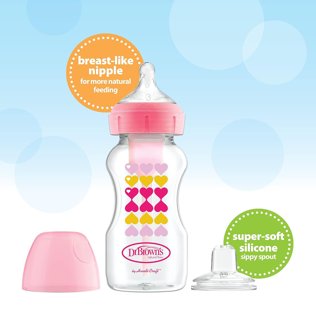 Dr. Brown's Natural Flow Options+ Schnabelflaschen-Starter-Set, Weithals, 270 ml, rosa Herzen