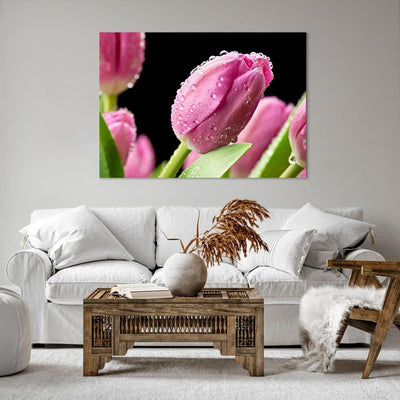 Bilder auf Leinwand 100x70cm Leinwandbild mit Rahmen Tulpe Blumen Tau Gross Wanddeko Bild Schlafzimm